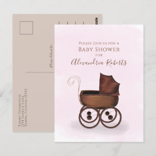 Baby shower Roze Waterverf Girl Baby Carriage Briefkaart