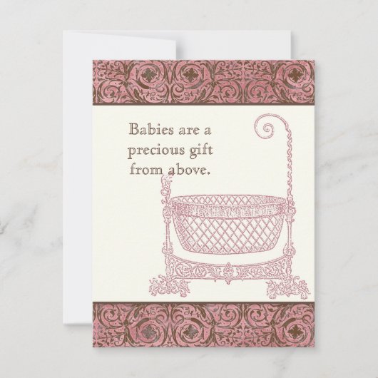 Baby shower RSVP - Roze Bruin Damask Cradle (Voorkant)