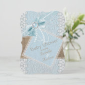 Baby shower Rustic Blue Bow Pearl Lace Burlap Kaart (Staand voorkant)