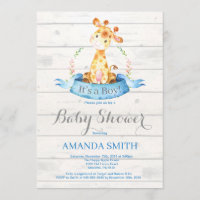 Baby shower Rustic Boy Giraffe Invitation Bleu