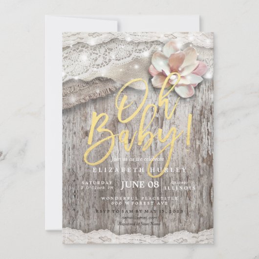 Baby shower Rustic Wood Burlap Lace String Lights Kaart (Voorkant)