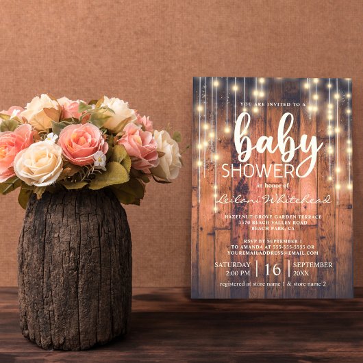 Baby shower Rustic Wood String Lights Kaart
