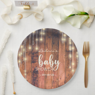 Baby shower Rustic Wood String Lights Papieren Bordje