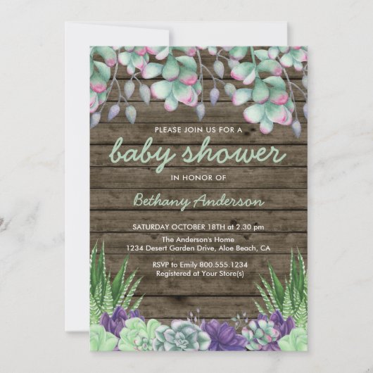 Baby shower Rustiek Hout en Waterverf Succulenten Kaart (Voorkant)