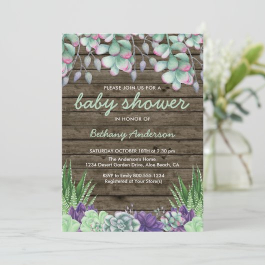 Baby shower Rustiek Hout en Waterverf Succulenten Kaart (Staand voorkant)