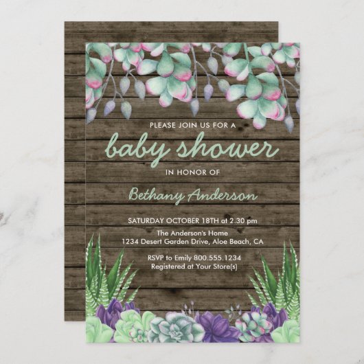 Baby shower Rustiek Hout en Waterverf Succulenten Kaart (Voorkant / Achterkant)