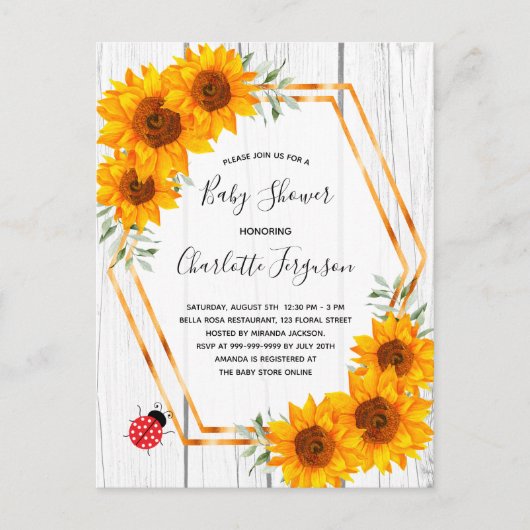 Baby shower rustige zonnebloemen ladybug-uitnodigi briefkaart (Voorkant)