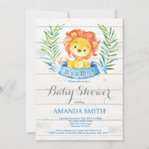Baby shower Rustique Boy Lion Invitation Bleu