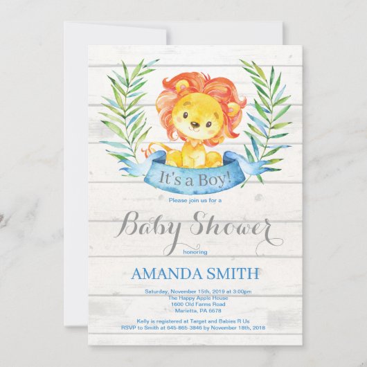 Baby shower Rustique Boy Lion Invitation Bleu (Devant)