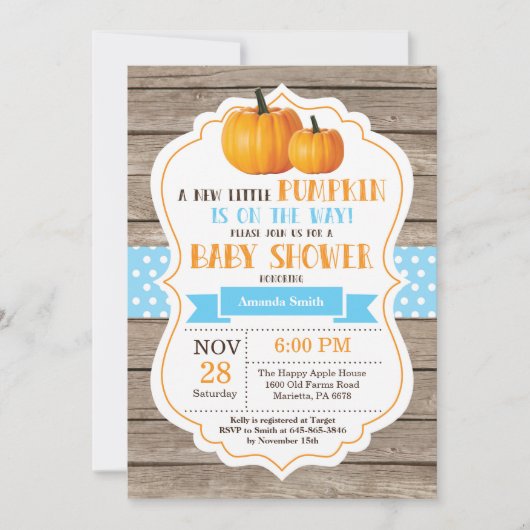 Baby shower Rustique Citrouille Boy Invitation Car (Devant)