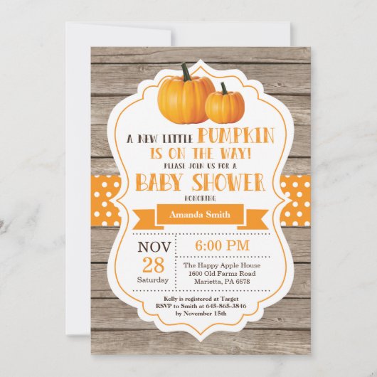 Baby shower Rustique Citrouille Invitation Card Bo (Devant)