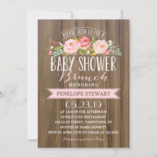 Baby shower rustique | Invitation baby shower rose (Devant)