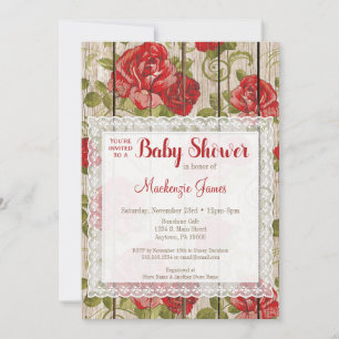 Baby shower Rustique Roses Rouges Invitation Dente