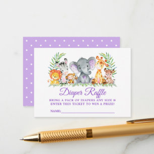 Baby shower Safari Dieren Luier Raffle Paarse Informatiekaartje