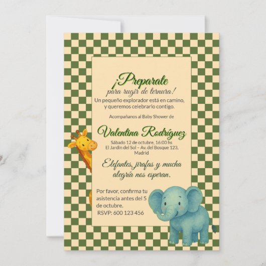 Baby Shower Safari Editable Chess pattern Elefante Kaart (Voorkant)