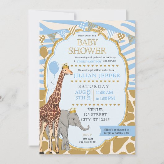 Baby shower Safari Invitation - (Boy Blue) (Devant)