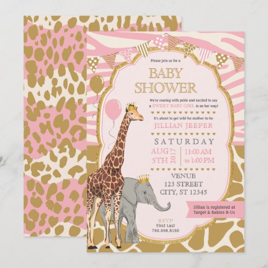 Baby shower Safari Invitation - Rose Girl (Devant / Derrière)