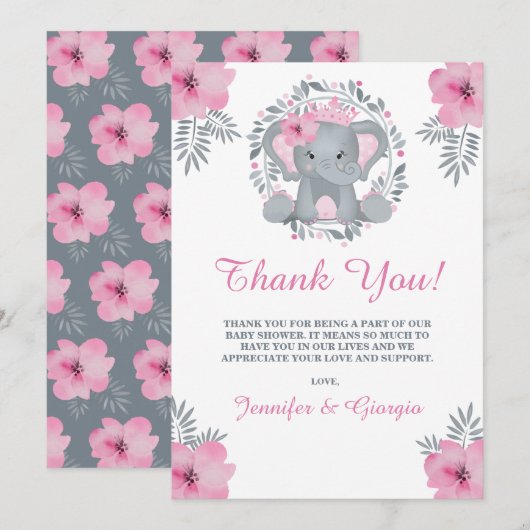 Baby shower Safari rose Floral Elephant Merci (Devant / Derrière)