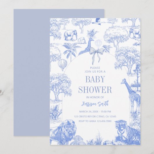 Baby shower Safari Toile Bleu Invitation (Devant / Derrière)
