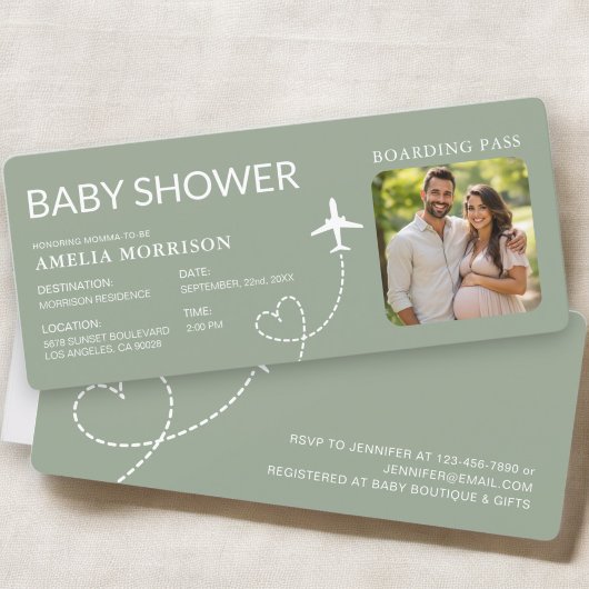 Baby shower Sage Green Boarding Pass vliegticket