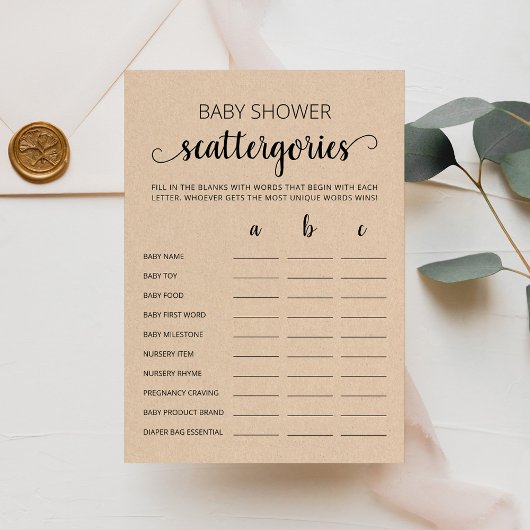 Baby shower Scattergories jeu de fête Carte
