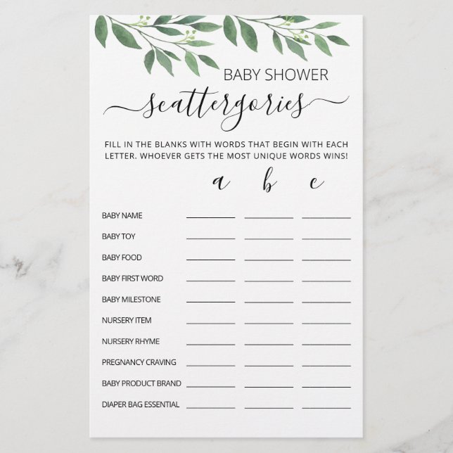 Baby shower Scattergories partij editable game (Voorkant)