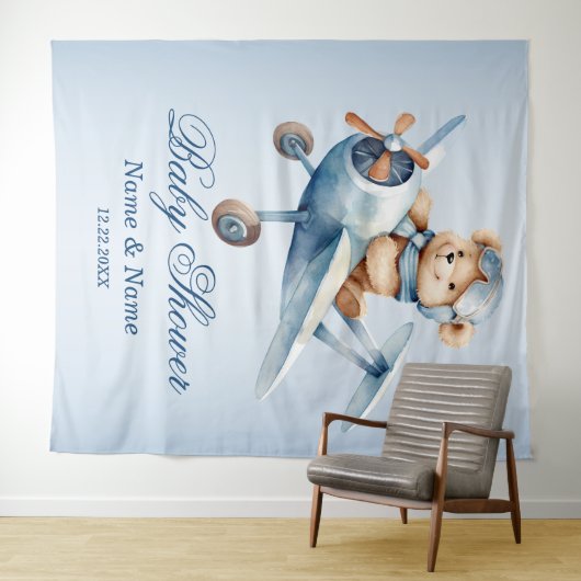 Baby shower Schattige Baby Beer Pilot Blue Airplan Wandkleed (In Situ (horizontaal))