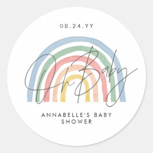 Baby shower script kleurrijke waterverf regenboog ronde sticker