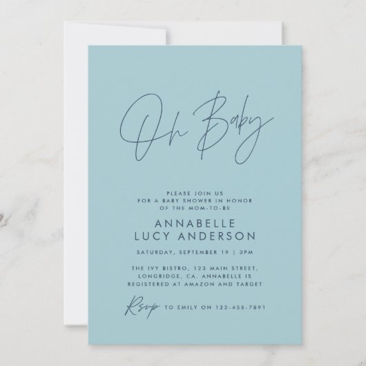 Baby shower script modern babyblauw stijlvol kaart (Voorkant)