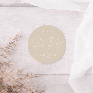 Baby shower script modern beige elegant ronde sticker