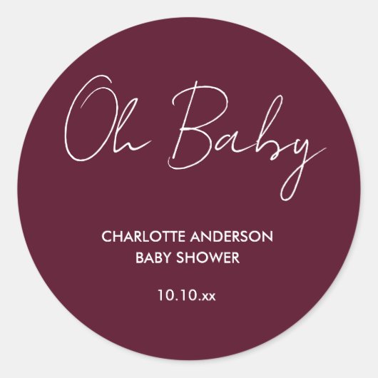 Baby shower Script Modern Bourgogne Elegant Ronde Sticker (Voorkant)