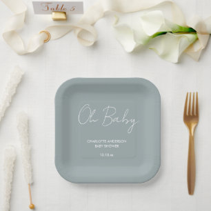 Baby shower script modern dusty blue elegant papieren bordje