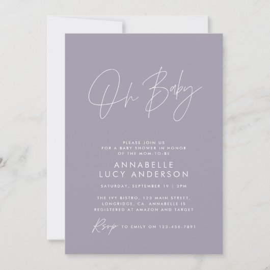 Baby shower script modern elegant lila paars kaart (Voorkant)
