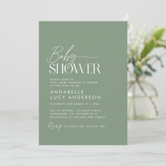 Baby shower script modern sage green elegant invit kaart (Staand voorkant)
