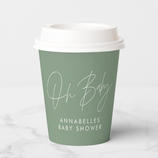 Baby shower script modern sage green elegant invit papieren bekers (Achterkant)