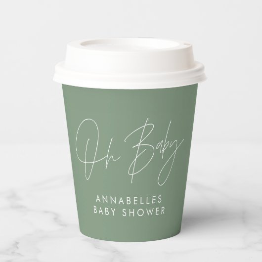 Baby shower script modern sage green elegant invit papieren bekers (Voorkant)