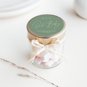 Baby shower script modern salie groen elegant ronde sticker
