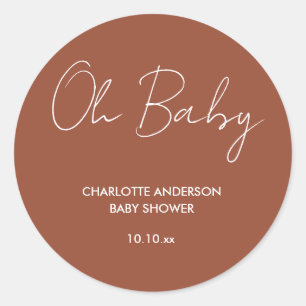 Baby shower script modern terracotta bruin elegant ronde sticker