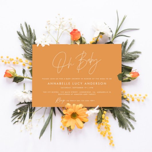 Baby shower script modern vibrant oranje boho kaart