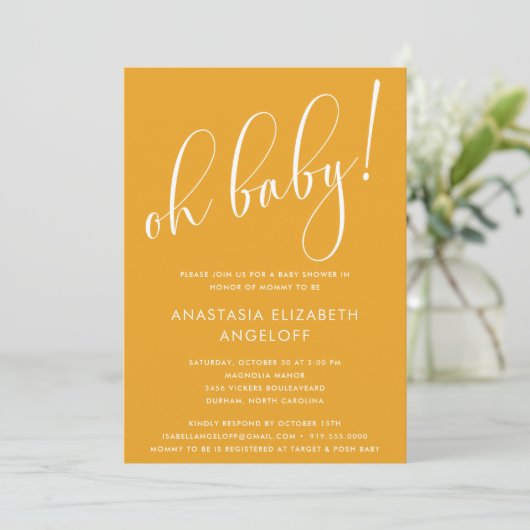 Baby shower Script moderne Marigold Invitation (Debout devant)
