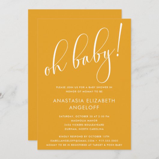 Baby shower Script moderne Marigold Invitation (Devant / Derrière)