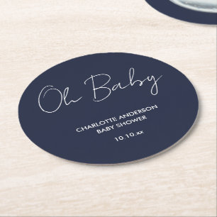 Baby shower script moderne marineblauw elegant ronde kartonnen onderzetter
