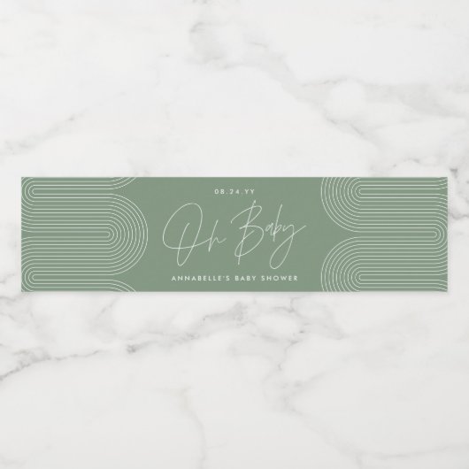 Baby shower script moderne sage green elegant waterfles etiket (Enkel label)