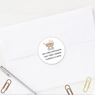 Baby shower Sepia Speelgoed Buggy Adres Ronde Sticker