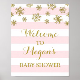 Baby Shower Sign Pink Stripes Gold Snow Poster
