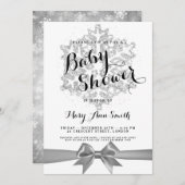 Baby shower Silver Glitter Snowflake Ribbon Kaart (Voorkant / Achterkant)
