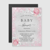 Baby shower silver pink floral invitation magnet (Devant / Derrière)