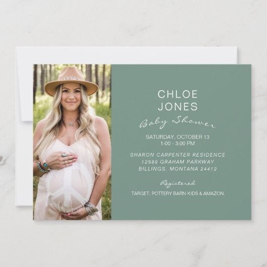 Baby shower simple moderne Photo Sage Invitation (Devant)
