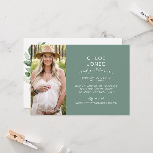Baby shower simple moderne Photo Sage Invitation (Devant/Arrière en situation)