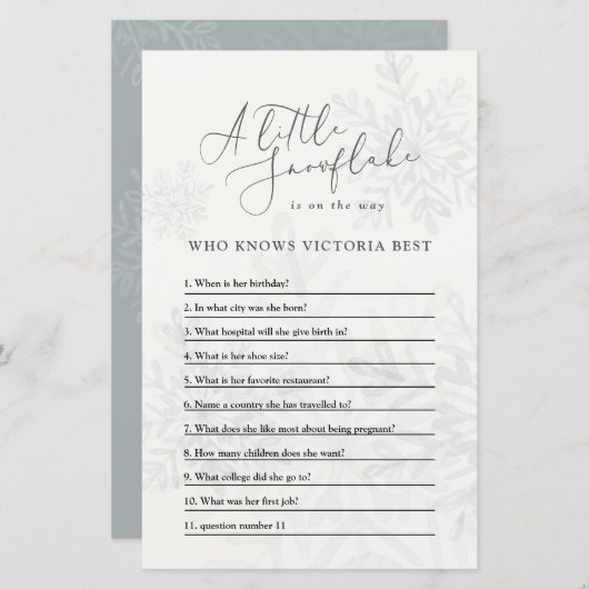 Baby shower sneeuwvlokquiz seksneutraal (Voorkant / Achterkant)